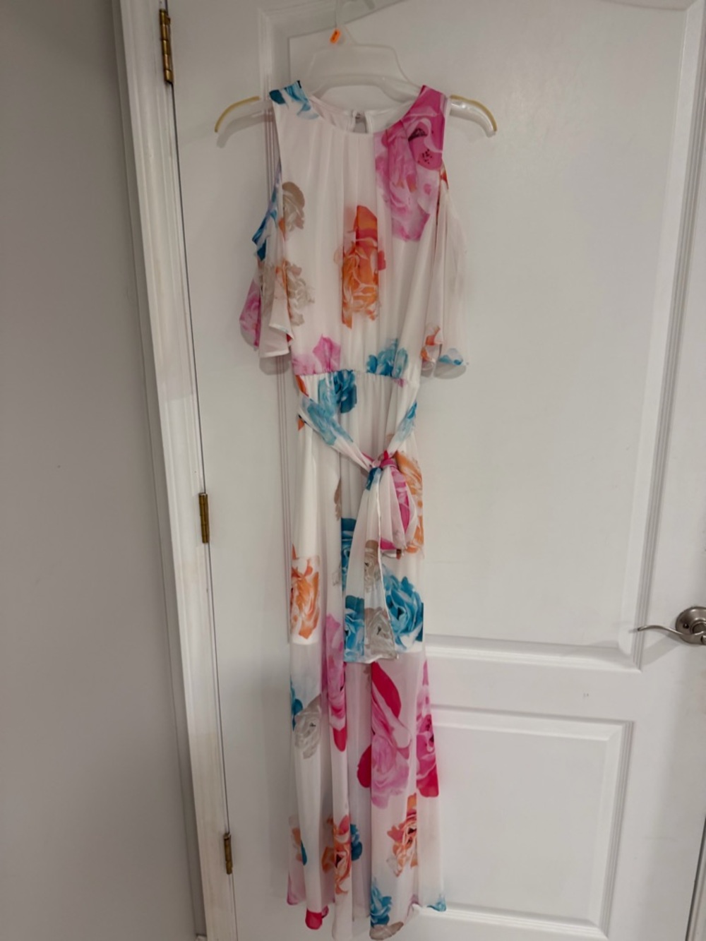Floor length white floral dress with removable sash belt